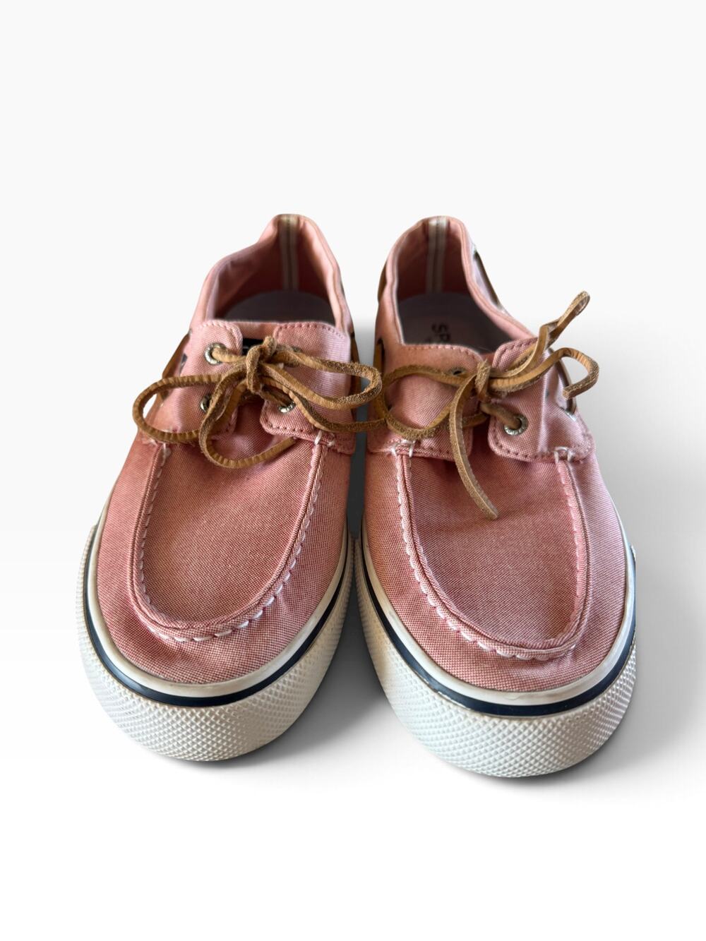 Sperry Top-Sider Men’s 11.5 Pink Canvas Boat Shoes Brown Leather Laces Casual
